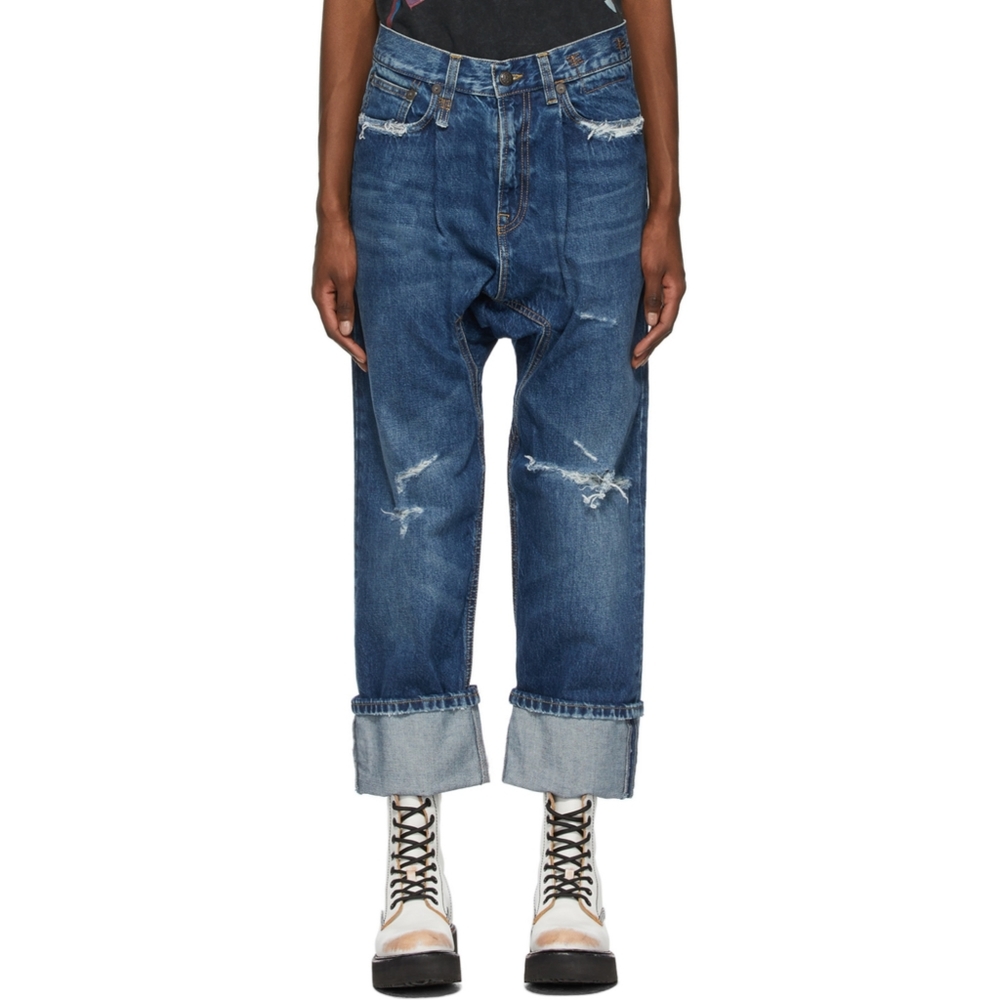 R13 Pleated Drop Straight-Leg Jeans with Cuffs In Emmett Indigo-27